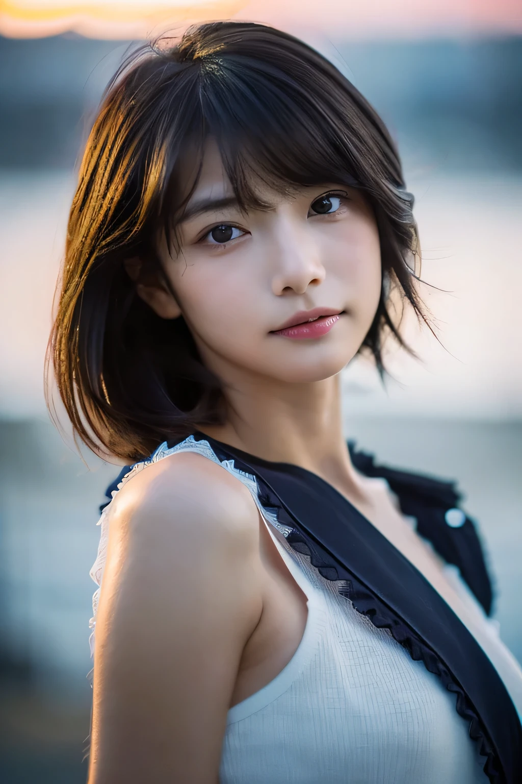 (Hyper Reality: 1.35), (Realistic: 1.4), A beautiful Japanese woman, smile, alone. (((No makeup))), masterpiece, 最high quality, high quality, alone, Very good, Puberty, Only one girl, Well-trained slim body, muscular, slim body, breasts apart, (最high quality)),((Very delicate and beautiful)),((Very shallow depth of field)), ((Incredibly shallow depth of field)). Familiar, ((Very delicate and beautiful)), (((Very shallow depth of field))), (((Unbelievably absurd))), dark brown hair, blowing boyish bob hair, shag messy hair, wolf cut, big hair, Windで揺れる髪, Slim body type, ((( Camera Eye)))), (((small ))), Looks like a salon model, Cool face, Neutral facial features,(ecstasy:1.3) ,(slut:1.2),(vulgarity:1.3),(fucked silly:1.1),(steam:1.1),(Wet:0.8),(trembling:0.8),(tears:0.7) ,(drooling:0.6),(sweat:0.8),open mouth,  poor, Dynamic Angle, Focus on women, {Particles of light}, Detailed Background, Soft lighting, (dramatic), sunset, very beautiful sunset, Live Action, Realistic, (blurred background), (((11 years old))), (((Wind))), ((Movement)), ((emotion)), ((colorful)), ((Baby Face)), Wither, sea background, (((Cowboy Shot))), crop  top, micro bikiini pants, nsfw:1.3,