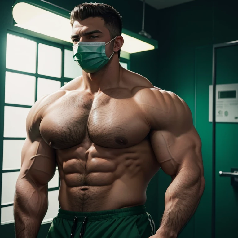 a very handsome young man with green eyes, massively muscular, with massively large muscles, with massively large biceps, with massively large arms, shirtless, wearing a surgery mask, in a prison with a very bright green light