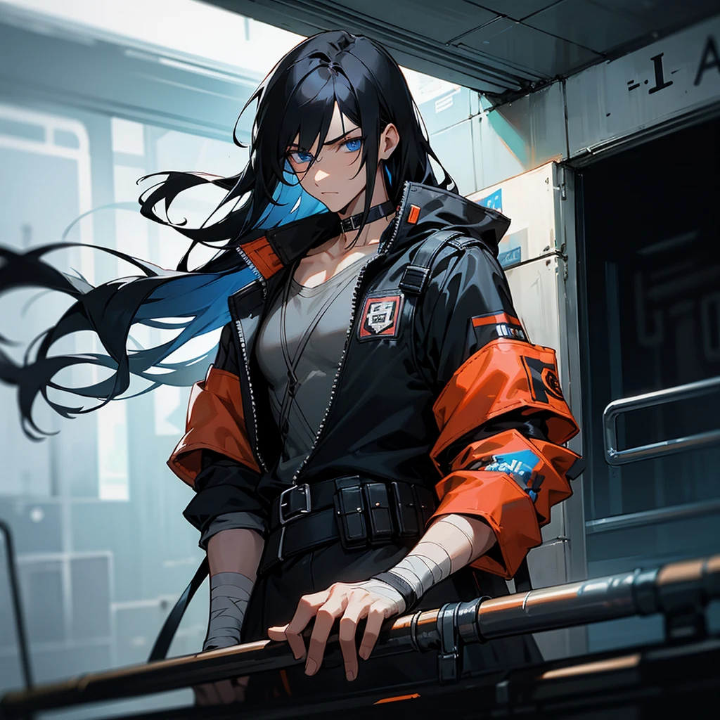 black hair, long hair, straight hair, male, man, blue eyes, tall, wiry, jacket, choker, armband, long boots, belt, waist pouch, with a black bandage, delicate facial features, toned, cyberpunk, inside, in the subway, upper body