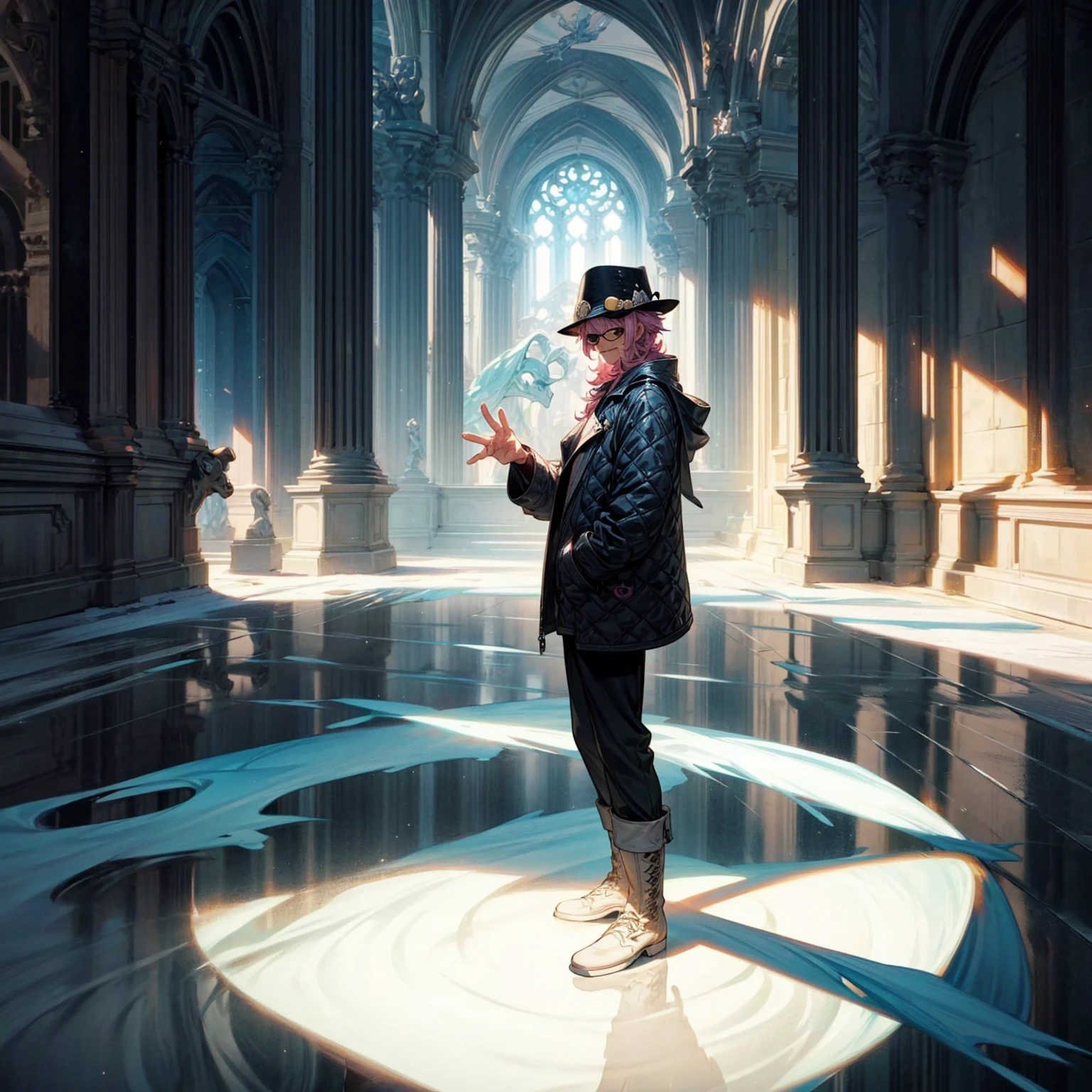Solo character, full body version, aged man, black eyes, hat, pink color hair, Curly hairstyle, sunglasses, casual clothing, white boots, detailed shadow, (one piece style art), indoor room ice, cathedral, ice floor, Nitrogen smoke, glow ice effect, standing gesture, hand ice, ice magic 