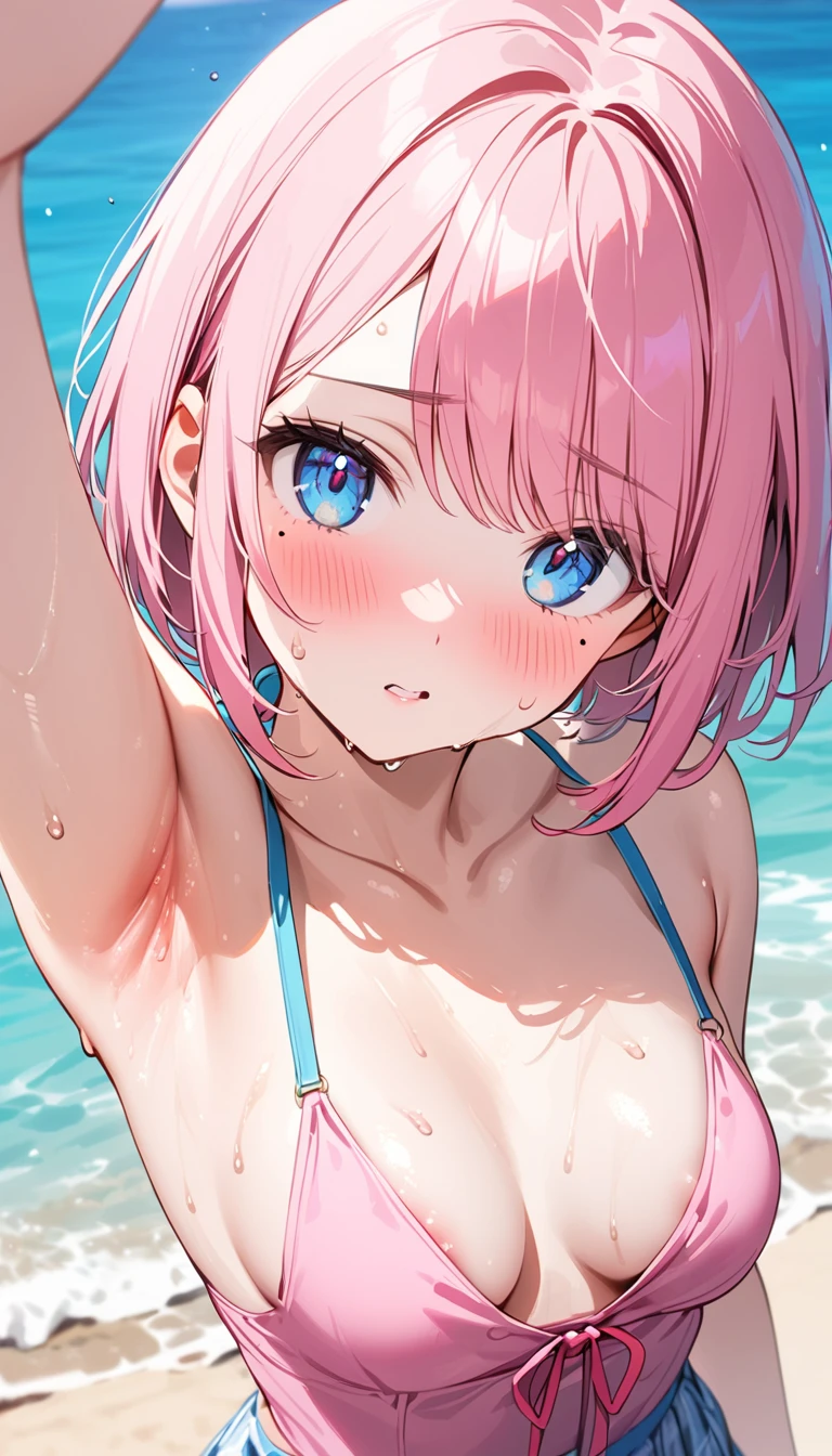 (1 girl),(Best Picture Quality, 8K, Masterpiece:1.3), (high school student:1.5), ((pink lob hair:1.1)), (bob cut),(swept bangs), (cute eyes, pupil black, iris skyblue, youthful face), (mole under right eye), (standard weight), (small breasts), (glistening skin:1.1),(pale skin:1.2),((showing armpits)),((summer fashion)),(portrait),(blush:1.2),((sweat:1.3)),(Nipple Slip),(from above).