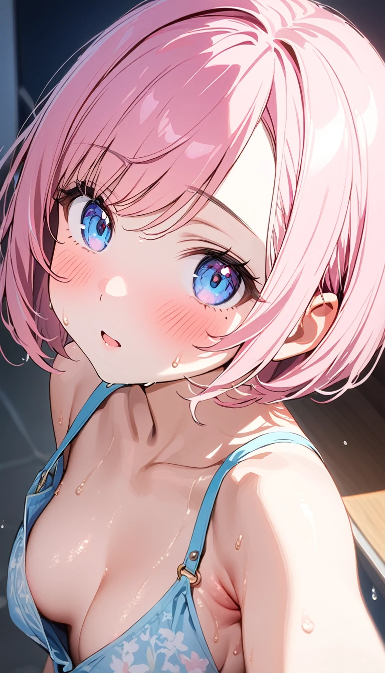 (1 girl),(Best Picture Quality, 8K, Masterpiece:1.3), (high school student:1.5), ((pink lob hair:1.1)), (bob cut),(swept bangs), (cute eyes, pupil black, iris skyblue, youthful face), (mole under right eye), (standard weight), (small breasts), (glistening skin:1.1),(pale skin:1.2),((showing armpits)),((summer fashion)),(portrait),(blush:1.2),((sweat:1.3)),(Nipple Slip),(from above).