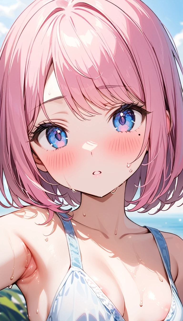 (1 girl),(Best Picture Quality, 8K, Masterpiece:1.3), (high  student:1.5), ((pink lob hair:1.1)), (bob cut),(swept bangs), (cute eyes, pupil black, iris skyblue, youthful face), (mole under right eye), (standard weight), (small breasts), (glistening skin:1.1),(pale skin:1.2),((showing armpits)),((summer fashion)),(portrait),(blush:1.2),((sweat:1.3)),(Nipple Slip),(from above).