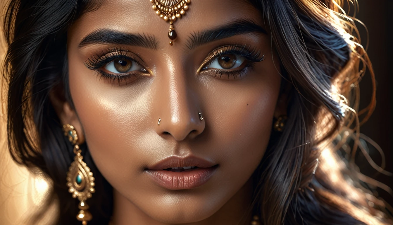 a beautiful mysterious indian woman, intricate detailed face, piercing eyes, long eyelashes, delicate skin, natural beauty, flowing hair, candid elegant pose, dramatic lighting, cinematic mood, muted color palette, chiaroscuro lighting, high quality, photorealistic, 8k, intricate details, professional rendering