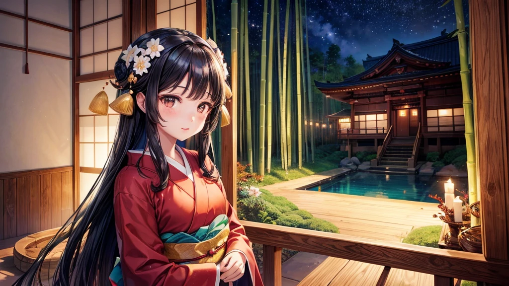 One girl, Black Hair, Brown eyes, Wearing a beautiful Japanese kimono, Princess Kaguya,hair ornaments, Bamboo grove, View your viewers, night, star (null), Ruffle sleeves, null, night, High resolution, Super sharp, 8k, masterpiece