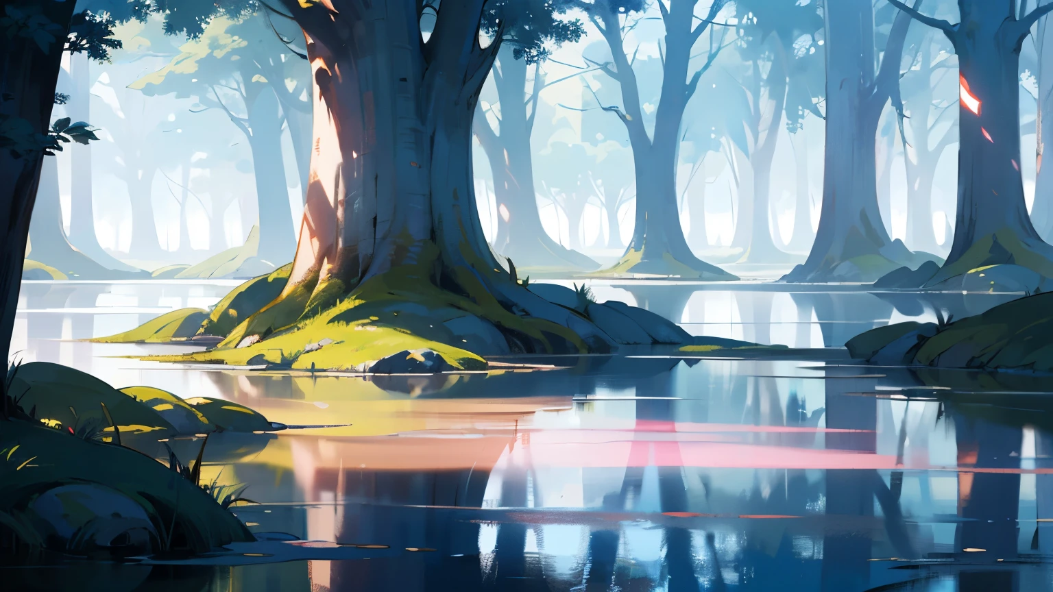 "Serene, shimmering magical lake in a fantasy setting. Crystal-clear water with mysterious glow beneath the surface. Surrounded by ethereal trees and magical flora."