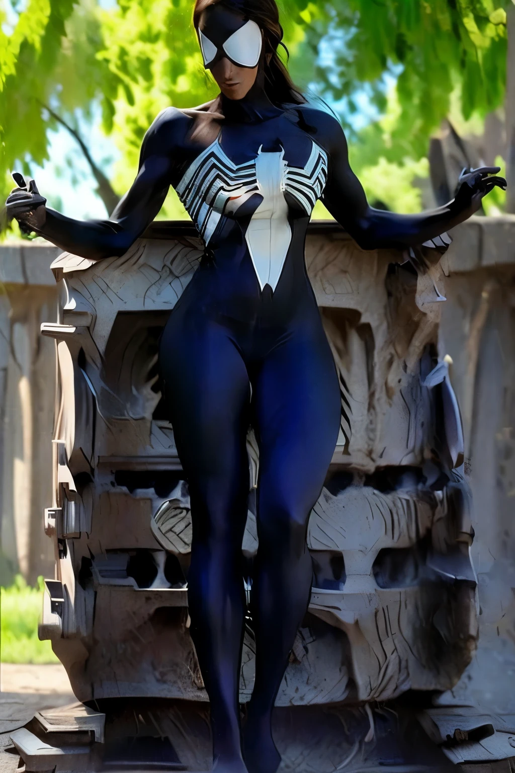 Photo realistic,(Best high detailed quality:1,6) Woman, skin tight sleek form-fitting black symbiote Spider-Woman suit, with a white spider emblem in her chest, long shoulder long white gloves and long thigh high white boots, head fully covered by black domino mask with big white eye lenses cover our eyes lenses with white visible one way see through patches fully covering our face as to not be recognized, her hair free out of the mask, Man, skin tight sleek form-fitting smooth black symbiote Spider-Man hero suit, with a white spider emblem in my chest, fullhead black helmet domino mask with big white lenses covering my eyes lenses with white visible one way see through patches fully covering our face as to not be recognized, suit tight like a second skin framing his form(muscles)
