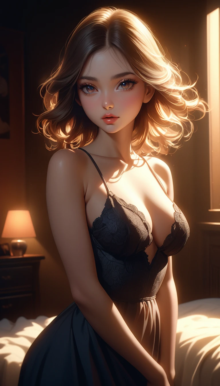 realistic detailed portrait of a -yeld giwith F-cup breasts wearing a tight long dress, photorealistic, erotic, sensual, seductive, beautiful detailed eyes, beautiful detailed lips, extremely detailed face and body, long eyelashes, flawless skin, high quality, 8k, cinematic lighting, dramatic shadows, warm color tones, chiaroscuro, dramatic pose, bedroom setting, moody atmosphere