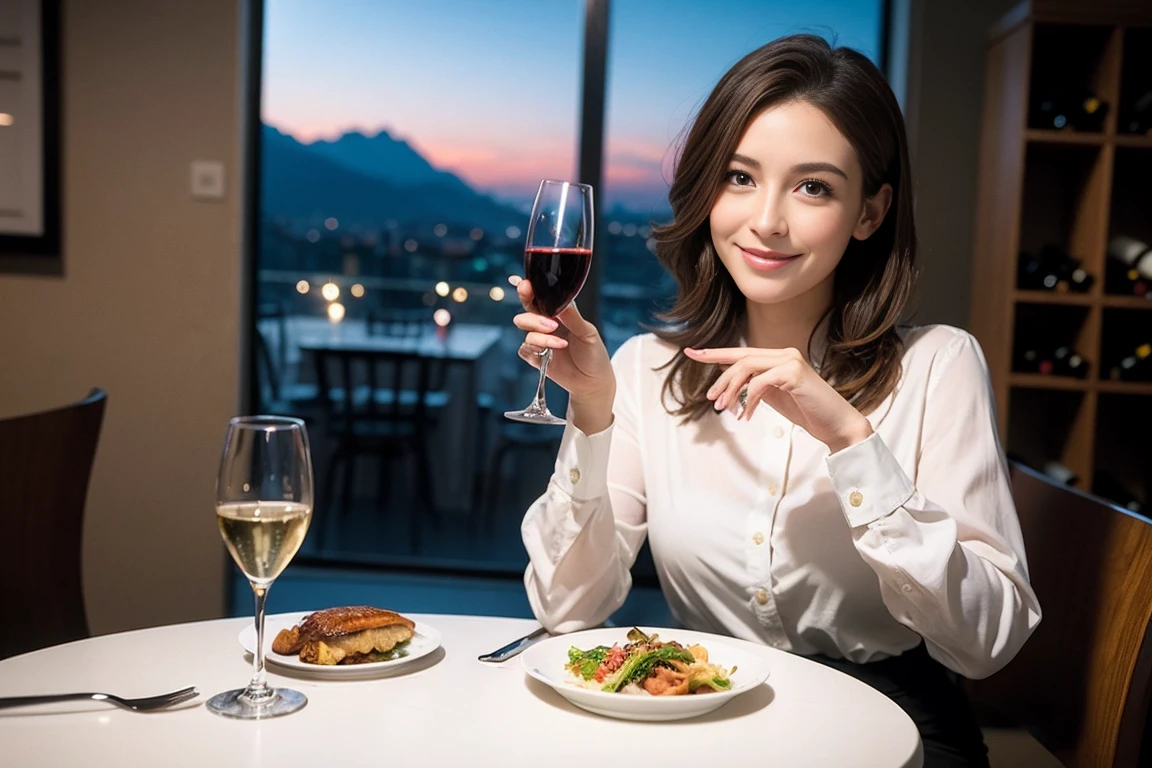 ((Highest quality、8k、masterpiece:1.3))、slimカップル、modelカップル、(Realistic, Intricate details:1.2), full-course dinner、Wine Party、Amazing view of the sunset sky and clouds、A bright smile、The wonderfulness of smile、Bright image、The beauty of wine, Beautiful Face, blue eyes, The light shines on your face, blush, short hair,Bright Face、 (Age 45), 39 years old, red wine 、Appetizers、Italian food、Wine bottle、Champagne、sparkling wine、Two beauties、Brown Hair、Shortcuts、Long sleeve shirt、dress、Beautiful woman 1, (slimな顔), (The body is slim), (Brown Hair), (Shortcuts), cheeks turn a little red,Attractive beauty、restaurant, In a prominent place (From the waist up) Nova Frog Style, actress, model, Upper Body, White wine, slim, wine glass, 中央に置かれたwine glass, smile, (smile: 1.15), Beautiful fine grain, Depth f/2,saturation, High Contrast, Strong light and shadow,Moist Body:1.5、3D texture、Delicate eyes、Brown Hair、The hair is very shiny、
