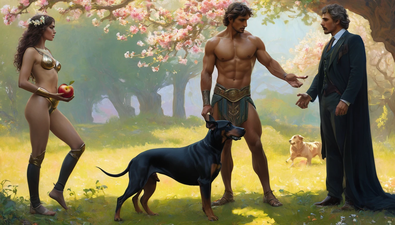 fullbody, painted of full body of four peoples, foot on ground, a standing greek handsome man give an apple to a naked woman with flower, a woman with shield, a woman stand front of a Doberman dog, masculine, mature, muscular, hairy torso, fantasy, intricate, elegant, highly detailed, digital painting, artstation, concept art, smooth, sharp focus, illustration, art by gaston bussiere and alphonse mucha, looking each other.