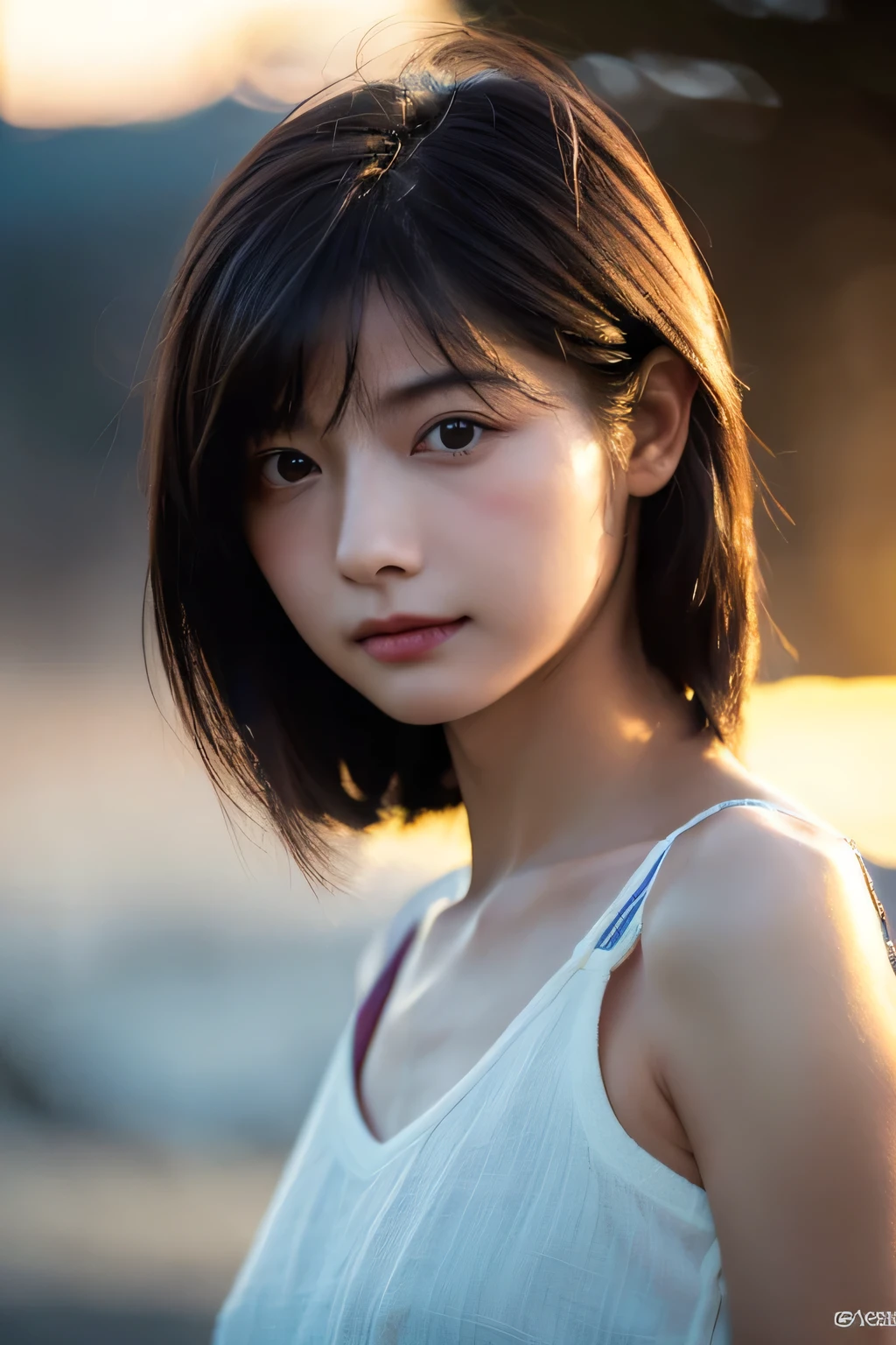 (Hyper Reality: 1.35), (Realistic: 1.4), A beautiful Japanese woman, smile, alone. (((No makeup))), masterpiece, 最high quality, high quality, alone, Very good, Puberty, Only one girl, Well-trained slim body, muscular, slim body, breasts apart, (最high quality)),((Very delicate and beautiful)),((Very shallow depth of field)), ((Incredibly shallow depth of field)). Familiar, ((Very delicate and beautiful)), (((Very shallow depth of field))), (((Unbelievably absurd))), dark brown hair, blowing boyish bob hair, shag messy hair, wolf cut, big hair, Windで揺れる髪, Slim body type, ((( Camera Eye)))), (((small ))), Looks like a salon model, Cool face, Neutral facial features,(ecstasy:1.3) ,(slut:1.2),(vulgarity:1.3),(fucked silly:1.1),(steam:1.1),(Wet:0.8),(trembling:0.8),(tears:0.7) ,(drooling:0.6),(sweat:0.8),open mouth, poor, Dynamic Angle, Focus on women, {Particles of light}, Detailed Background, Soft lighting, (dramatic), sunset, very beautiful sunset, Live Action, Realistic, (blurred background), ((())), (((Wind))), ((Movement)), ((emotion)), ((colorful)), ((Baby Face)), Wither, sea background, (((Cowboy Shot))), v neck tank top, micro bikiini pants, nsfw:1.3,