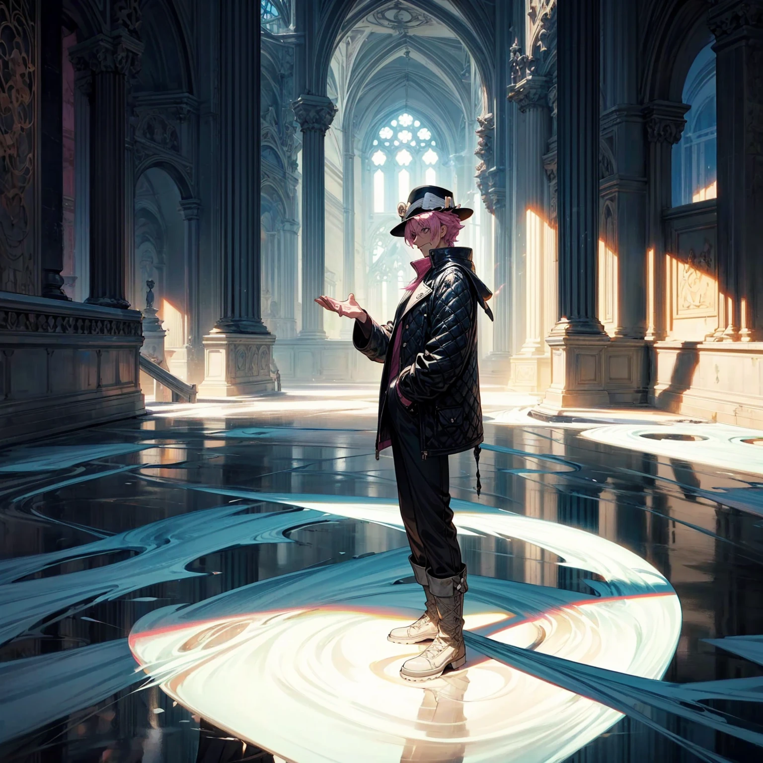 Solo character, full body version, aged man, black eyes, hat, pink color hair, Curly hairstyle, sunglasses, casual clothing, white boots, detailed shadow, (one piece style art), indoor room ice, cathedral, ice floor, Nitrogen smoke, glow ice effect, standing gesture, hand ice, ice magic 