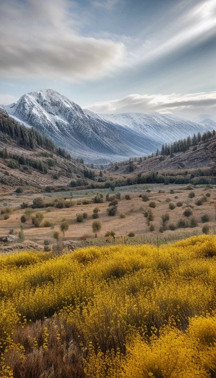 Flower field with butterflies and snowy mountains and a partly cloudy day, beautiful view, overview 