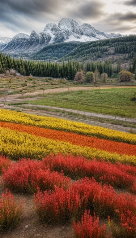 Flower field with butterflies and snowy mountains and a partly cloudy day, beautiful view, overview 