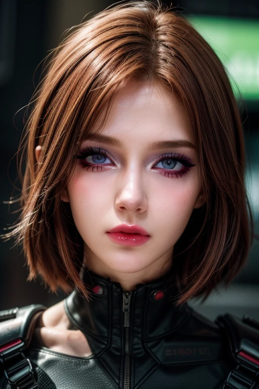 masterpiece,best quality,realistic,highres,Highly detailed,blurry background,1girl,((portrait)),close-up,bangs,human, cyberpunk, red hair, ginger, green eyes, doctor, medic, medium armor