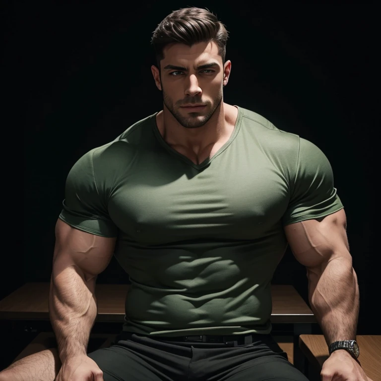a very handsome young man with green eyes, massively muscular, with massively large muscles, with massively large biceps, with massively large arms, wearing a gray shirt, sitting at an interrogation table on a very dark black background