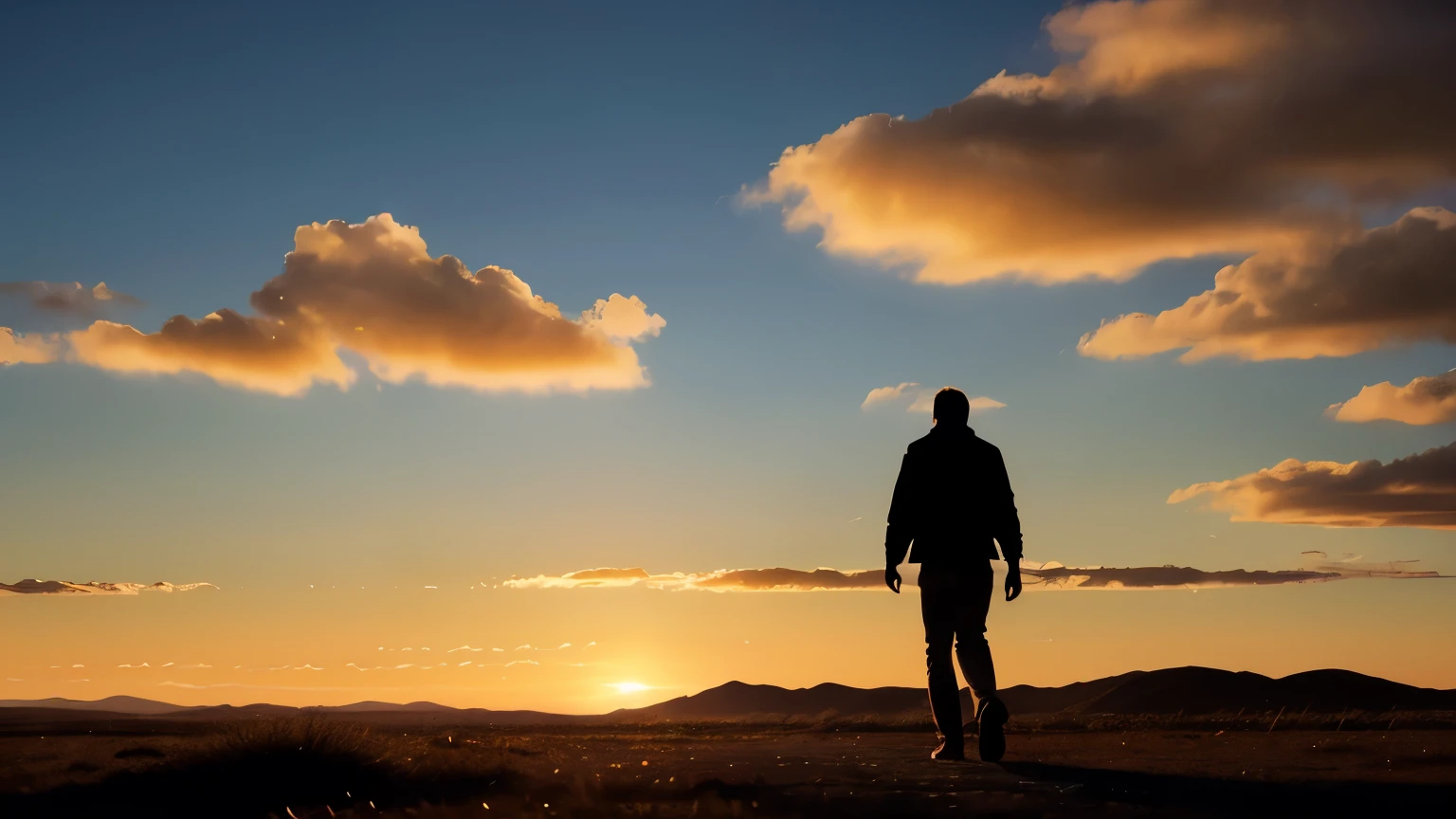 Create a high-resolution image of a man's silhouette from behind, walking towards a bright, radiant future. The background should feature a vibrant, glowing horizon with warm colors, symbolizing hope and opportunities. The man's silhouette should be sharp and well-defined, conveying a sense of determination and purpose. The overall atmosphere should evoke a feeling of optimism and inspiration.