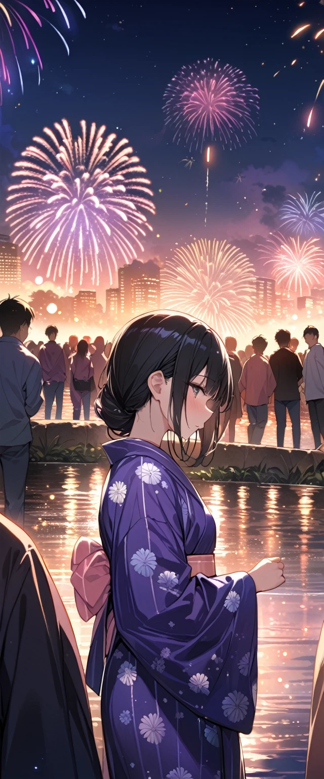 (((masterpiece))),(((Highest quality))),((Very detailed)),Side view,night,Riverbank,a lot of people,firework,friend,Purple Yukata,Pink obi,16 year old girl with black hair,8k, Super Detail,(10 meters away),Particles of light,The whole scene is shining'S
