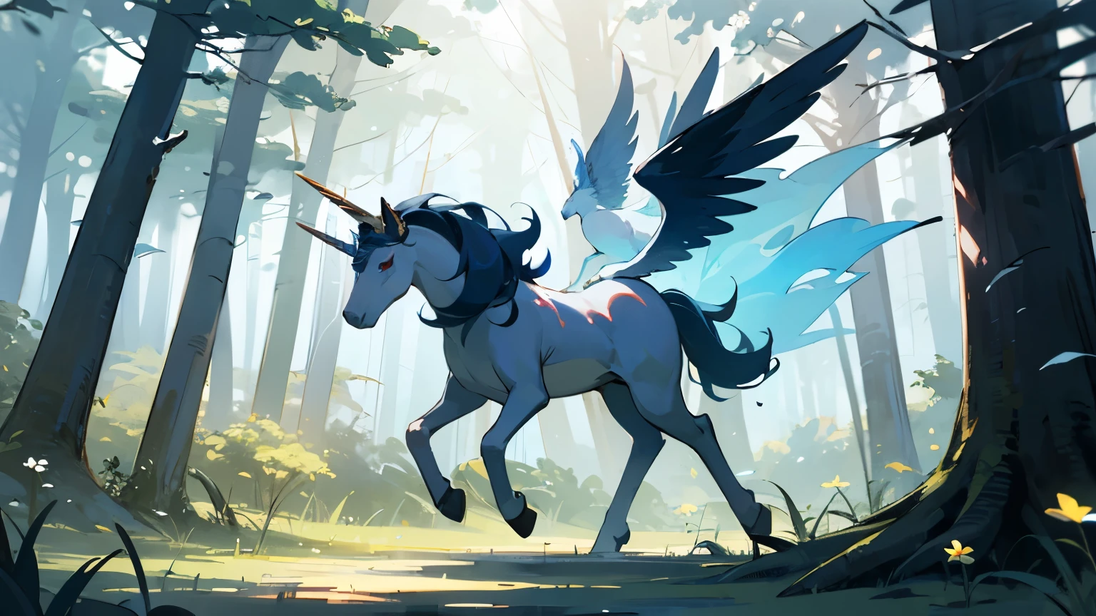 Generate a breathtaking, highly detailed illustration, shadowy, pegasus, a moonlit path through a dark forest