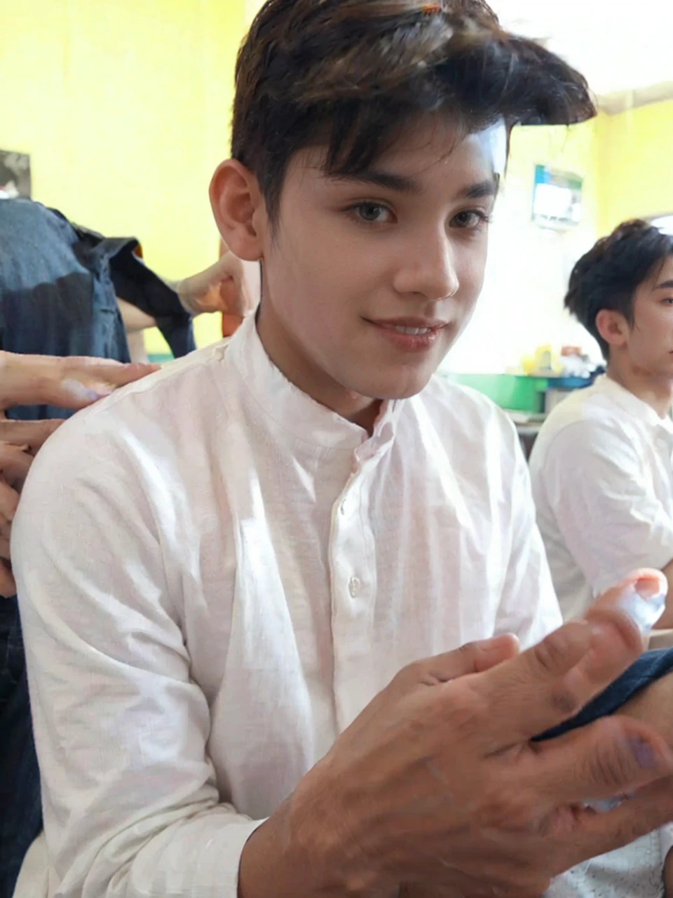 Boys with short black hair and beautiful smile, black detail eyes, details lips, Wearing red t-shirt and blue pants, very detail, more realistic