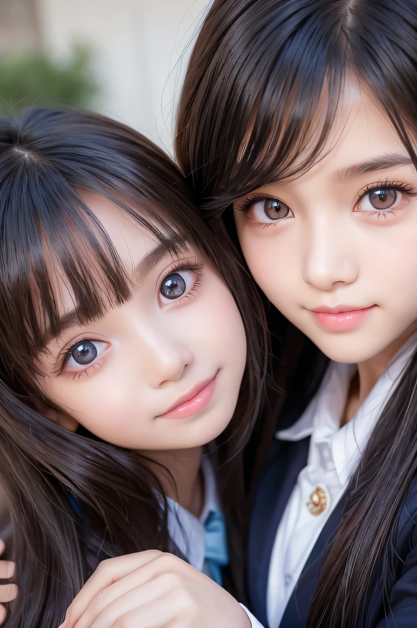 (Very beautiful cute girl), (very cute face:1.2),11 yo, (baby face),(sparking crystal clear attractive large eyes), Beautiful detailed eyes, Detailed double eyelids, (smiling), (realistic photograph:1.1), long straight hair,dark blue blazer high-school uniform,professional close-up portrait