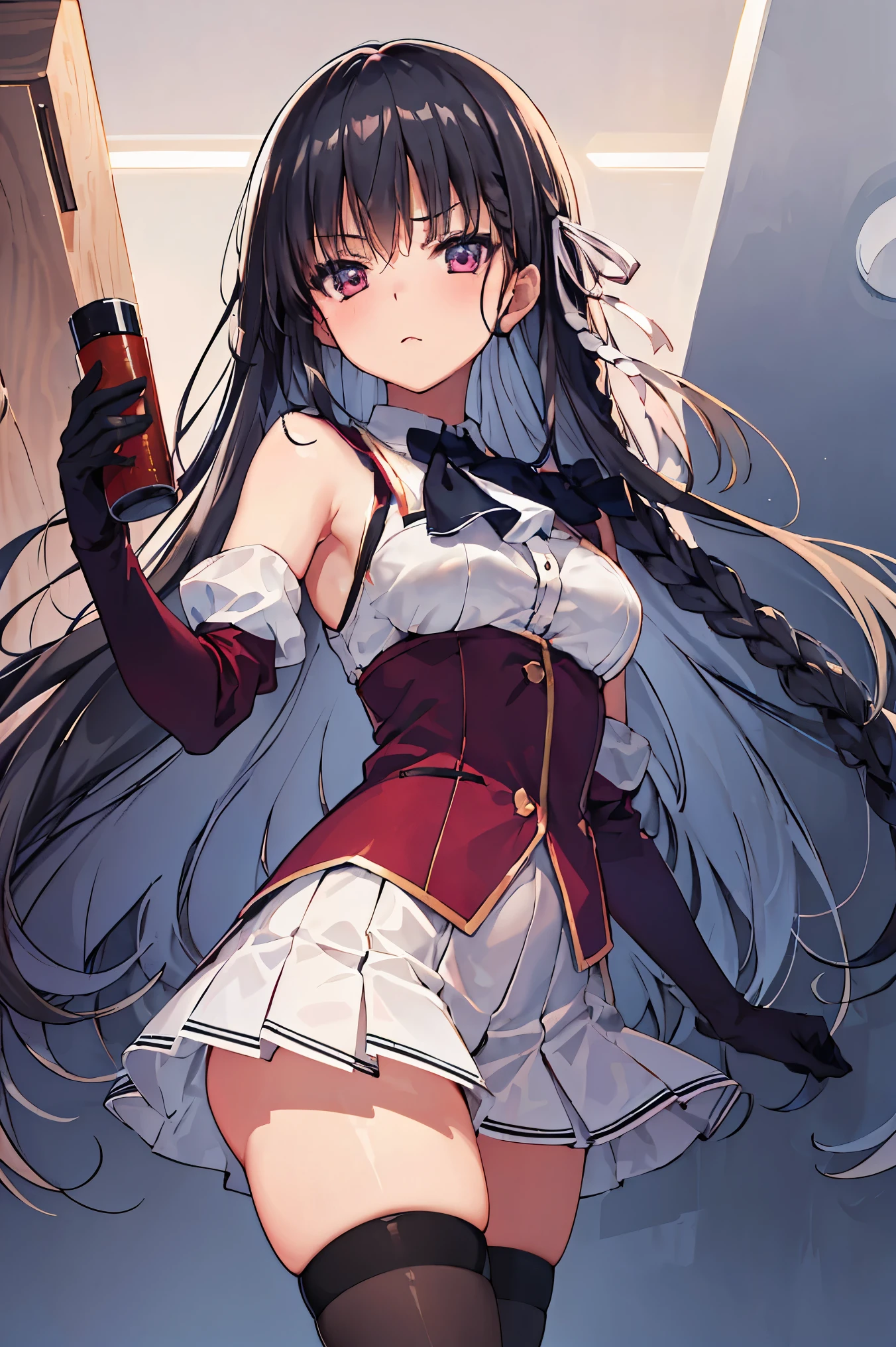 pikkyhorikita, 1girl, solo, looking at viewer, black hair, long hair, braid, very long hair, red eyes, purple eyes, breasts, medium breasts, hair ribbon, ribbon,
BREAK (ascot, sleeveless, white dress, red skirt, miniskirt, pink sleeves, detached sleeves, black gloves, black thighhighs:1.2), BREAK looking at viewer, holding, standing, from side, indoors,
BREAK ((anime girl)), best quality, expressive eyes, perfect face, (masterpiece), best quality, expressive eyes, perfect face, ((best quality)), ((ultra-detailed)), ((an extremely delicate and beautiful)), perfect eyes, perfect body, ((synmetry eyes)), beautiful eyes, ((thick thighs)), shiny skin, soft skin, ((synmetry body)), ((perfect body)),
