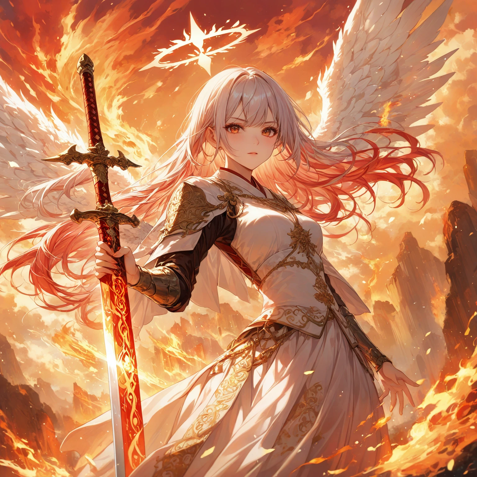 Fraction_9, Fraction_8_Direction_7_up, src_Japanese cartoons,masterpiece, best quality, high resolution, Extremely detailed CG, absurd, 1 Girl, A solemn angel girl stands with six flaming wings spread out behind her. She wears elaborate armor,Sparkling in the warm sunlight, Mystical landscape with golden light. Her dominant hand grasps the hilt of a gleaming sword, Runes engraved on the blade. In a large-scale shooting, Emphasize her noble temperament and fiery breath, Fire Oath, Red_sword, White_hair, long hair, The fire spread, ((Halo)), ((6 Wings)), Dazzling, ((Burning Heaven,Fire Cloud)),Fire Element, Red_theme