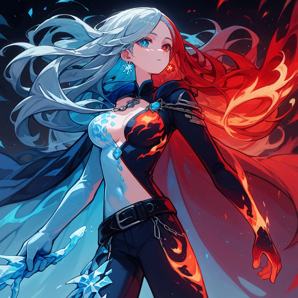a lady with Long, flowing hair with icy blue and fiery red streaks, one ember red eye and one icy blue eye, gradient cape from icy blue to fiery red, form-fitting bodice with crystalline ice and flame motifs, asymmetrical sleeves with one frosty and one fiery, icy blue glove with frost patterns and fiery red glove with flame designs, hybrid design pants with one leg in dark fire-resistant material and the other in crystalline fabric, knee-high boots with one icy and one volcanic, dual-themed belt, snowflake and flame earrings, color-shifting pendant, aura of cold mist and flickering flames, staff or dual blades with icy crystals and molten lava, (nude:0.9) detailed gorgeous face| anime style| key visual| intricate detail| highly detailed| breathtaking| vibrant| panoramic| cinematic| Carne Griffiths| Conrad Roset| gibbli 8k