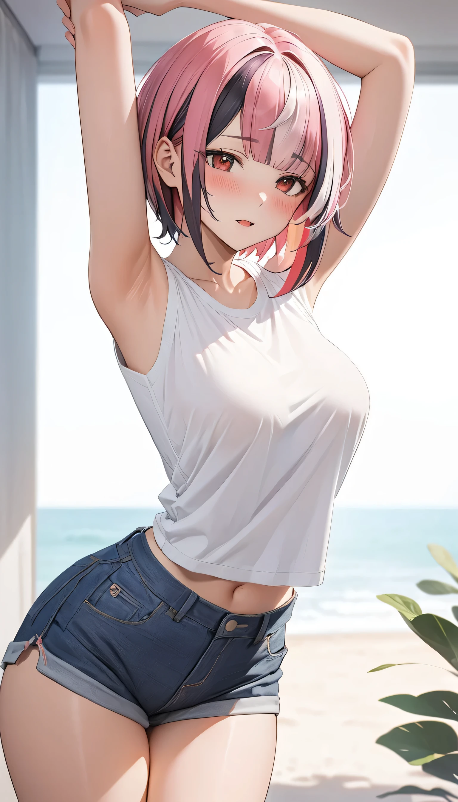(masterpiece), (best quality), (ultra-detailed), (highest quality), (2.5D), (1 girl), very delicate facial expressions, erotic, only sexy woman, healthy figure, ((22-year-old woman)), 170cm tall, medium firm swaying breasts, (short hair), (pink hair:1.5), pink and salmon pink, ((streaked hair:1.9)), (highlights hair: 1.6), blunt bangs, red eyes, blush, (thin thighs), (visible nipples:0.5), (Erect nipples:0.7), (white t-shirt), (blue shorts), shiny and lustrous, facing straight at viewer, (((in heat))), standing_split, by the beach in midsummer