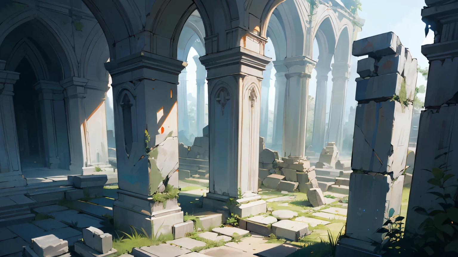 "Majestic fantasy ruins of an ancient civilization. Crumbling stone structures, overgrown with magical plants. Faint glowing runes on walls. Mysterious artifacts scattered around."