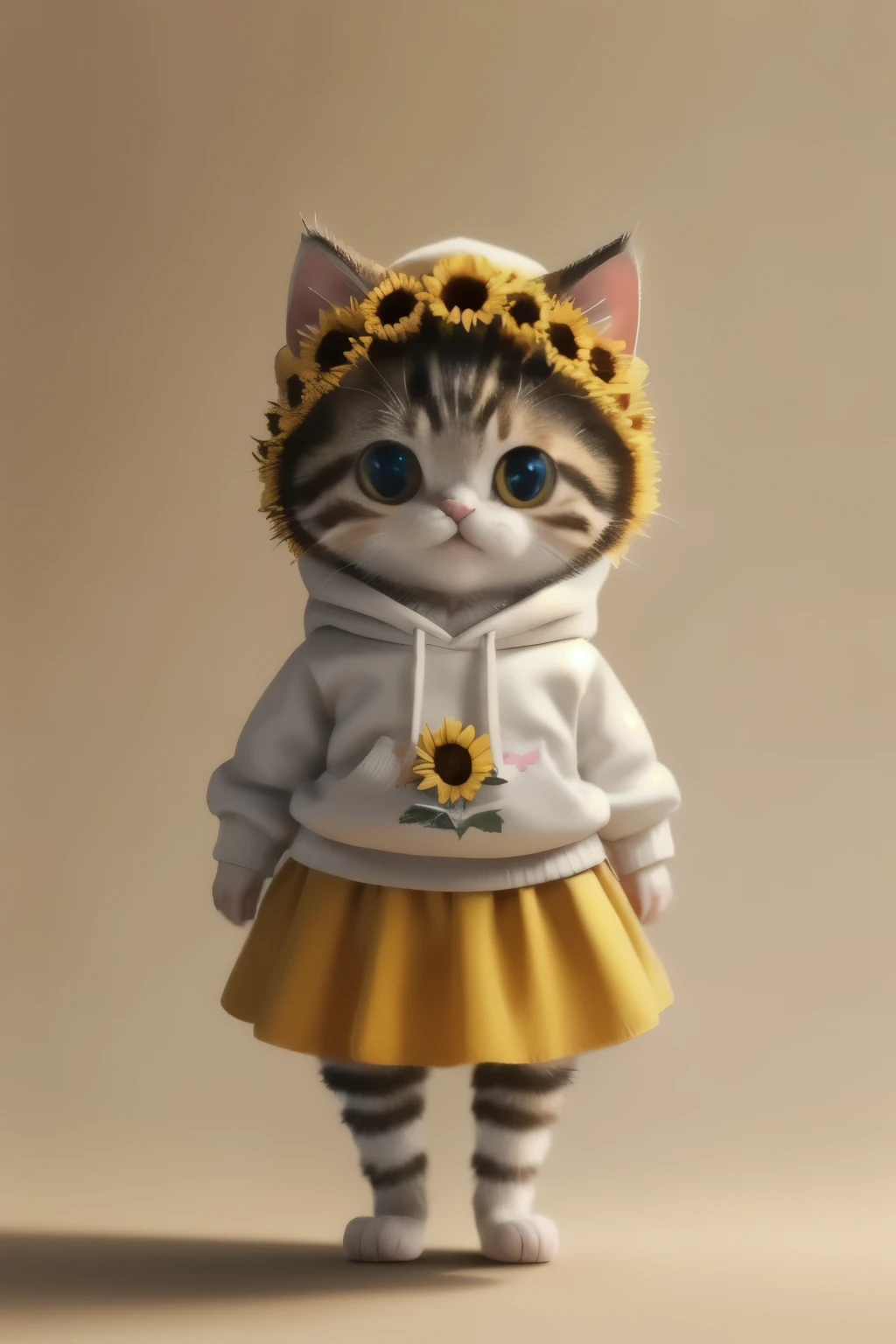 masterpiece,high quality,Cute chubby pale kitten,On your stomach,View from the front、Stand on two legs、Clean background,She is wearing a feminine and colorful sweatshirt.、Cute Hats、Place your hands at your sides、Wearing a skirt、upright、smile、sunflower