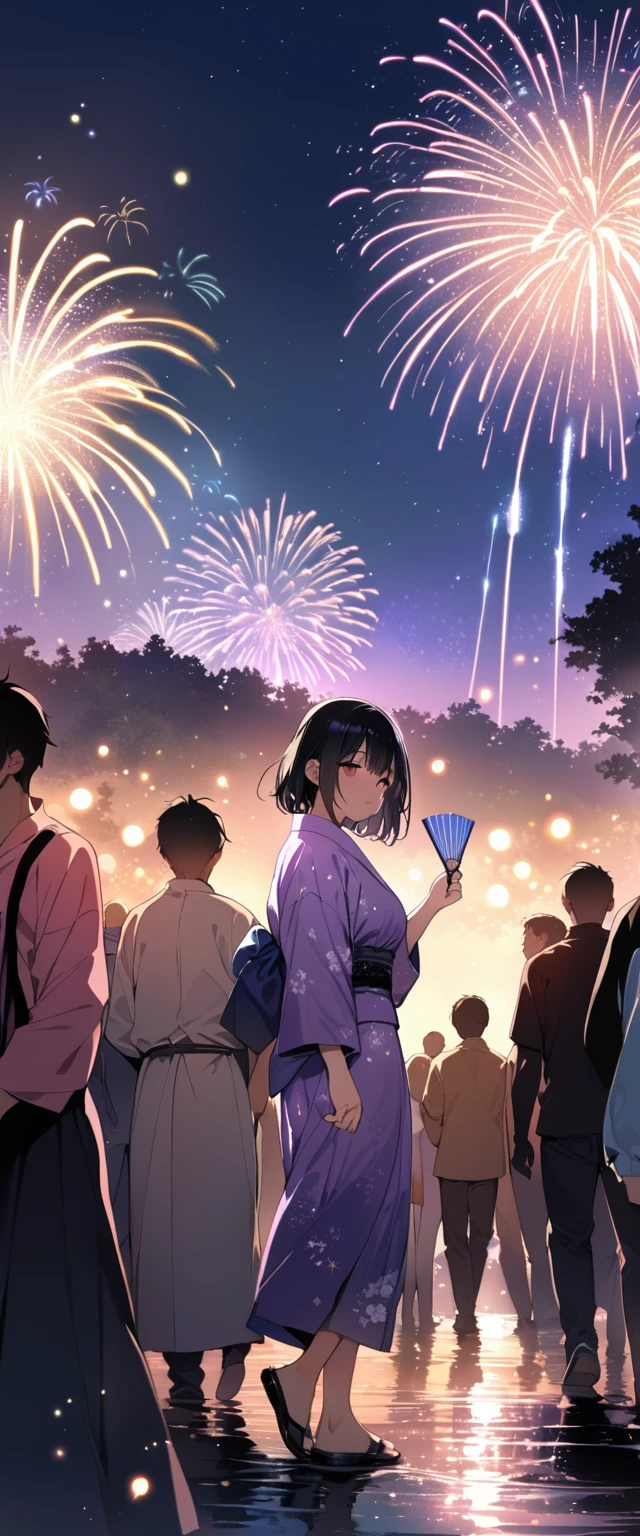 (((masterpiece))),(((Highest quality))),((Very detailed)),Side view,night,Riverbank,a lot of people,firework,friend,Purple Yukata,Pink obi,16 year old girl with black hair,8k, Super Detail,(10 meters away),Particles of light,Walking along the riverbank,Holding a fan in his hand,The whole scene is shining&#39;S