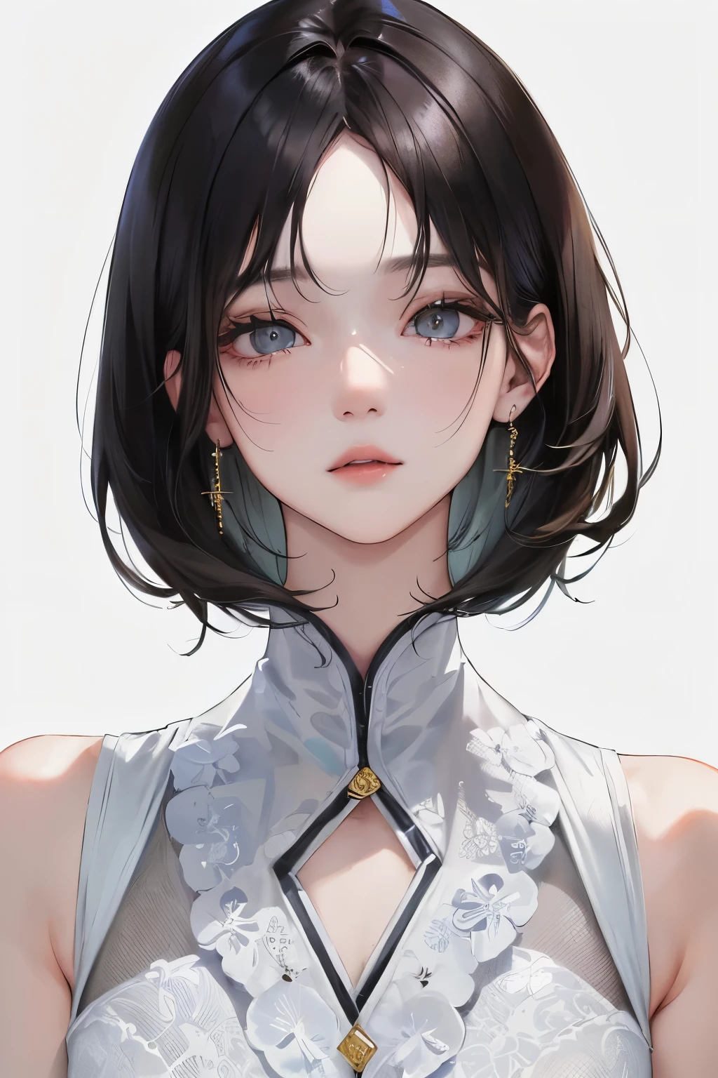 (Top resolution、Distinct_image)top-quality、FEMALES、​masterpiece、ighly detailed、Semi-realistic、Black short hair、Dark hair、grey  eyes、bangss、25-years old、Mature、young、Exquisite facial features、Facial features,closing eye