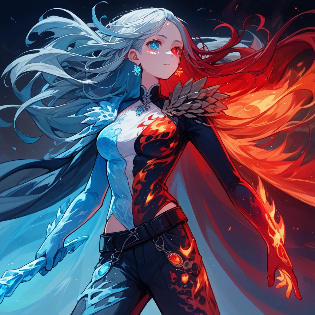 a lady with Long, flowing hair with icy blue and fiery red streaks, one ember red eye and one icy blue eye, gradient cape from icy blue to fiery red, form-fitting bodice with crystalline ice and flame motifs, asymmetrical sleeves with one frosty and one fiery, icy blue glove with frost patterns and fiery red glove with flame designs, hybrid design pants with one leg in dark fire-resistant material and the other in crystalline fabric, knee-high boots with one icy and one volcanic, dual-themed belt, snowflake and flame earrings, color-shifting pendant, aura of cold mist and flickering flames, staff or dual blades with icy crystals and molten lava, (nude:0.9) detailed gorgeous face| anime style| key visual| intricate detail| highly detailed| breathtaking| vibrant| panoramic| cinematic| Carne Griffiths| Conrad Roset| gibbli 8k