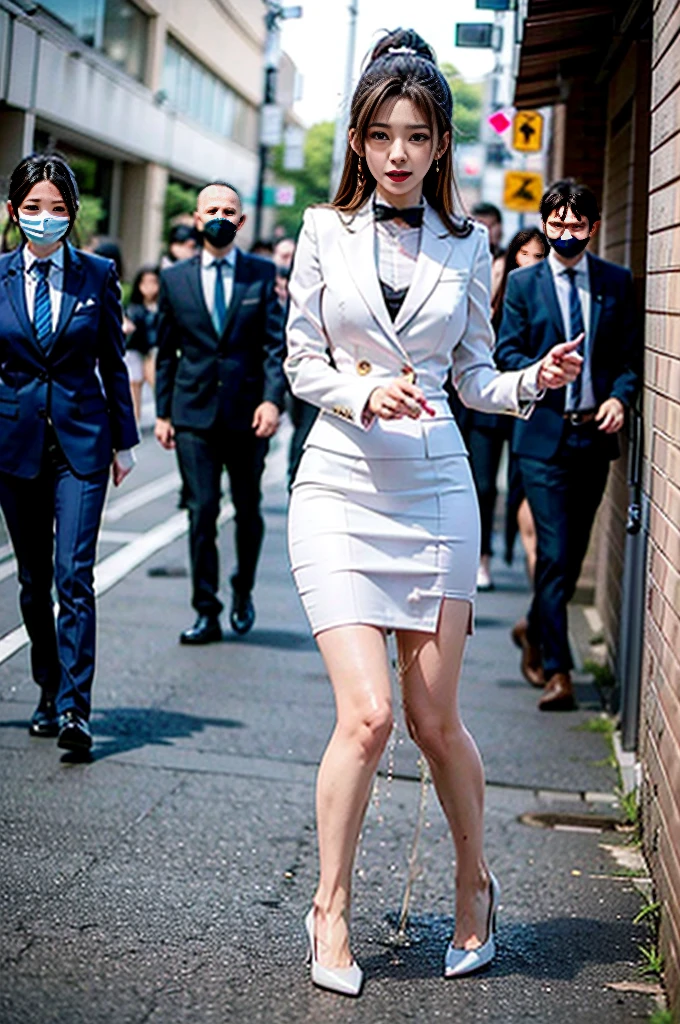 女性教師が集合写真撮影中にincontinence、incontinence、Peeing on your own、Lots of pee、From below、White suit、White Skirt、High heels、Perfect figure、Very beautiful、Lined up with students in front of the school building、upright、Embarrassed and teary-eyed、Surrounded by students、be subjected to relentless contempt from students