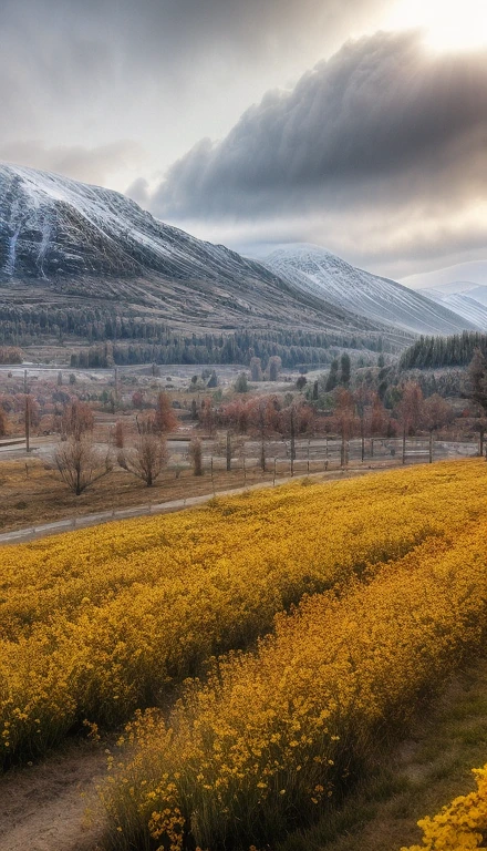 Flower field with butterflies and snowy mountains and a partly cloudy day, beautiful view, overview 