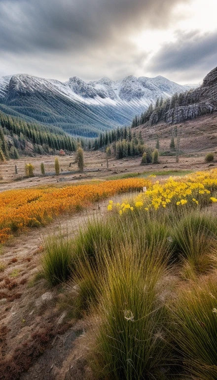 Flower field with butterflies and snowy mountains and a partly cloudy day, beautiful view, overview 