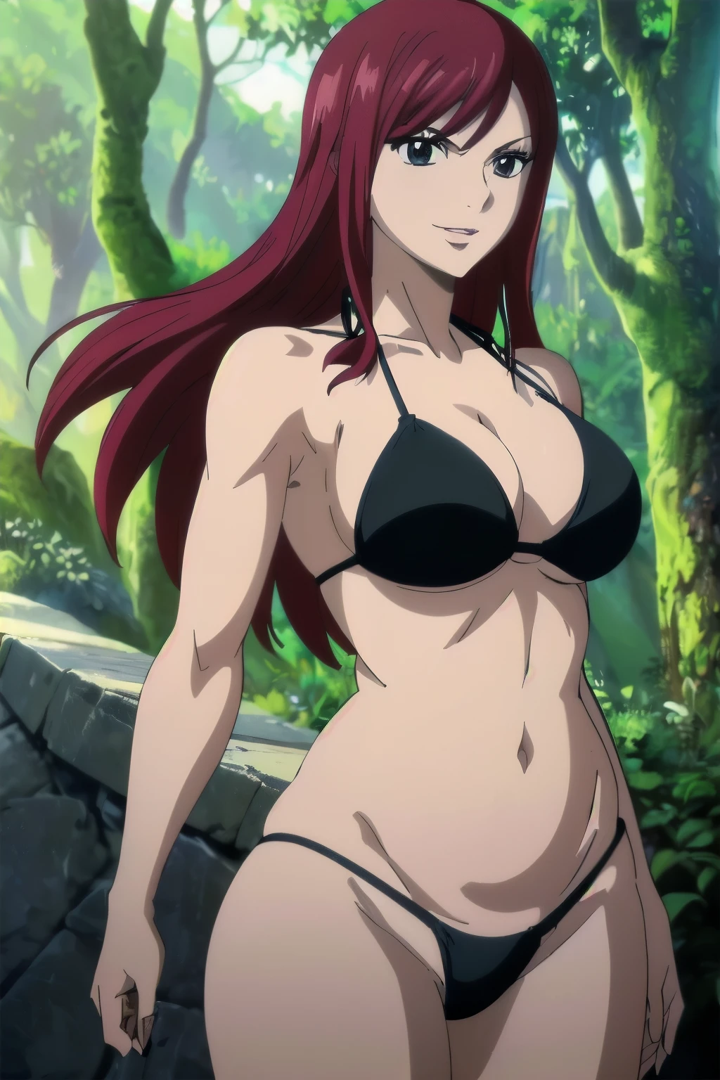 (black bikini top:1.6), (black thong:1.6), (vibrance:1.3), (forest:1.4), windy, ultra detailed face, perfect anatomy, (cowboy shot:1.6), from front, fighting stance, ultra detailed body and face, (slim waist:1.3), perfect body proportions,(defined arms:1.6), (sweat:0.0), highest quality, 1girl, solo, (very little biceps) , smile, ERZASCARLET, BARE SHOULDERS, (big round breasts:1.2) cleavage, off-shoulder, tall girl, (free flowing hair:1.4), (floating hair:1.2), ultra detailed red hair, open mouth, big eyes,(long belly:1.6), wide shoulders, beach, For the image quality, please prioritize (best quality, highres, masterpiece:1.8), itional prefixes