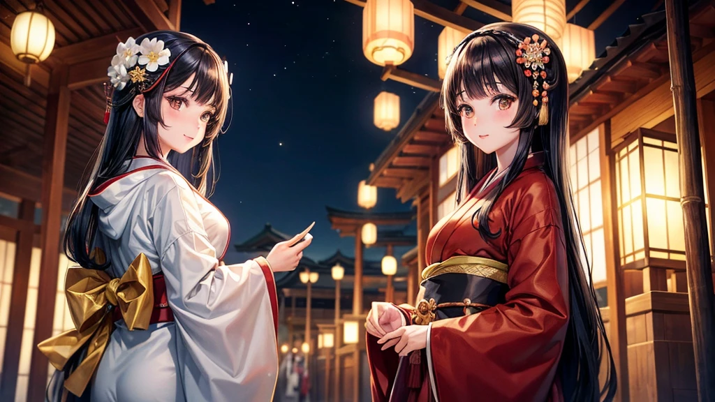 One girl, Black Hair, Brown eyes, Wearing a beautiful Japanese kimono, Princess Kaguya,hair ornaments, Bamboo grove, View your viewers, night, star (null), Ruffle sleeves, null, night, High resolution, Super sharp, 8k, masterpiece
