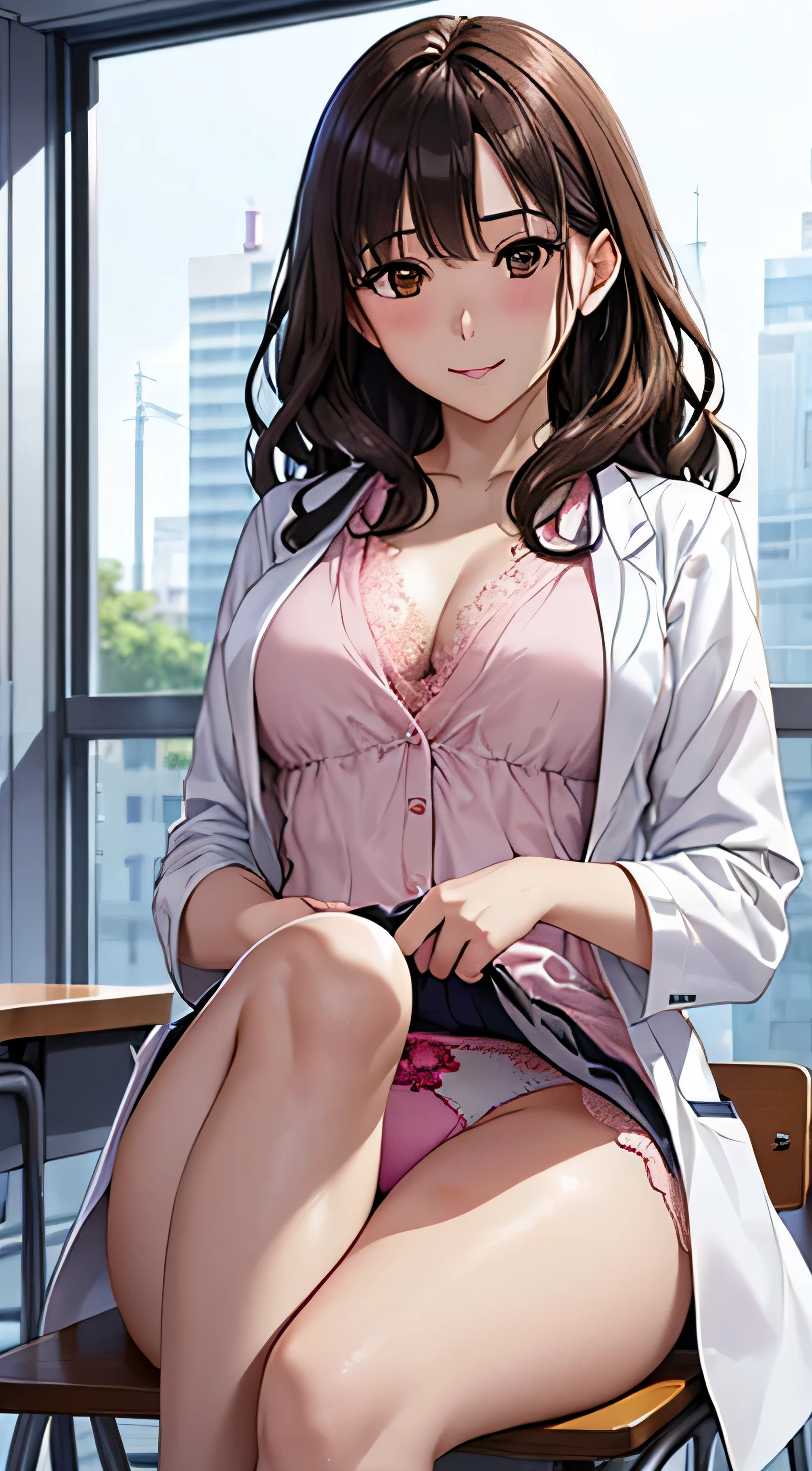((Tabletop, Highest quality, High resolution, , Pixel Perfect, 4K,))), 1 female teacher, single, alone, beauty、The whole body is visible、 ((Medium Wavy Hair, bangs, Brown Hair)), ((Brown eyes, Beautiful eyelashes, Realistic eyes)), ((Detailed face, blush:1.2)), ((Smooth texture:0.75, Realistic texture:0.65, Realistic:1.1, Anime CG style)), Center of chest, Dynamic Angle, Perfect body, (( , , Wearing a white coat、Female doctor、、, 、))、、Very embarrassing panic smile, 、black flared skirt、classroom、Sit on a chair、Please lift up your skirt and show me your pants.、、(Showing off her white and pink floral lace panties、)、Angle from below)、