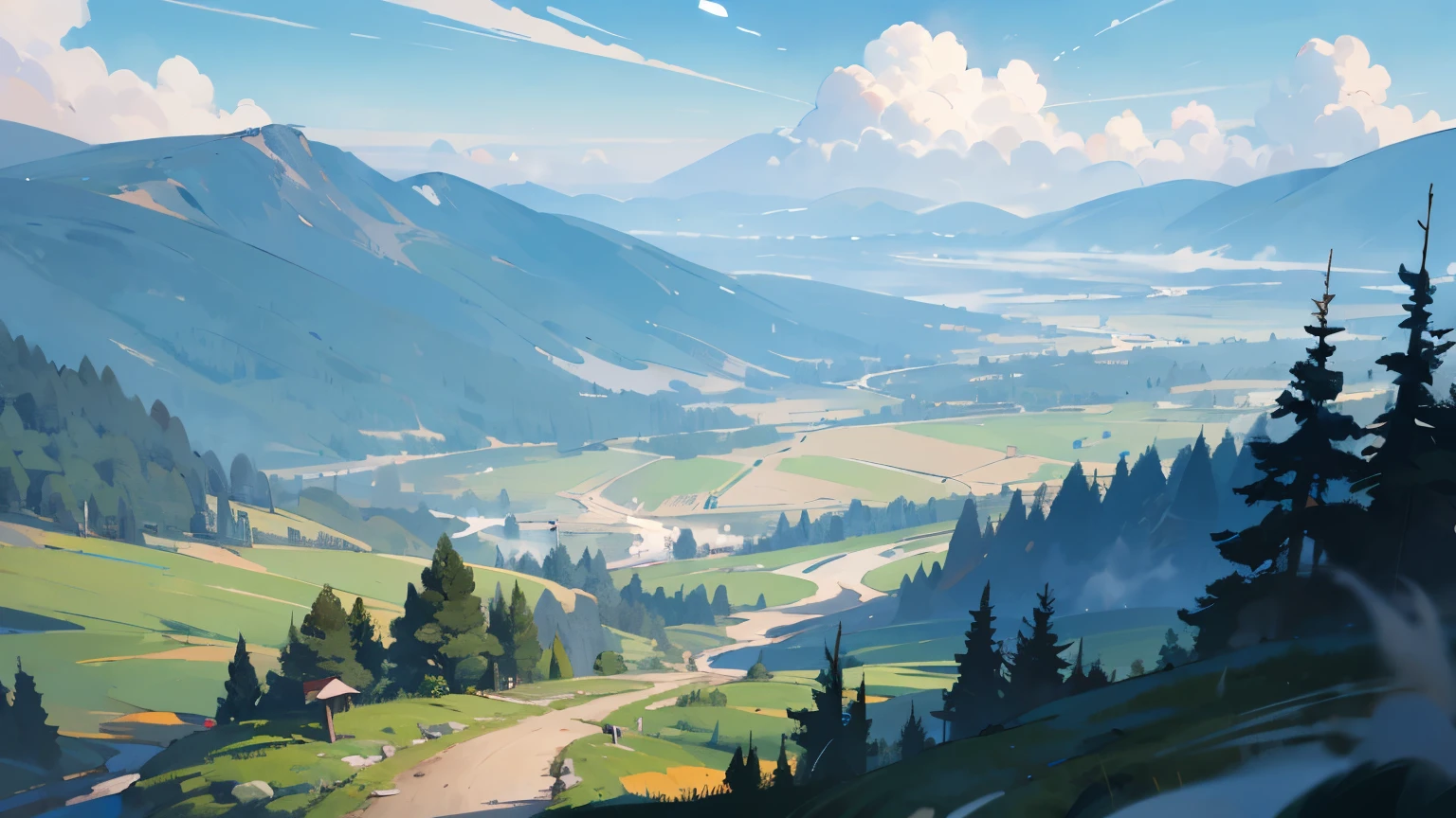 "Fantasy illustration of a mystical crossroads in a magical realm. Four distinct paths: misty mountains, winding river, dark forest, and sun-drenched meadow. Ethereal atmosphere, glowing signpost."