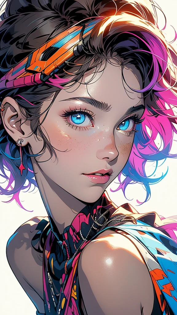 (((masterpiece, highest quality))),(((solo:1.2))),(((1girl:1.2))),32k wallpaper, very detailed,(((((portfolio))))),(((((Close-up))))),(((((bust up))))),((((more various angle)))),((((highlight)))),((((heterochromia)))),(((complete. detailed face))),((((Extremely talented)))),(Colorful color scheme),(((((Absolutely simple background))))),(((Texture for people : grunge))),marvel super hero's,retrowave,vaporwave,60s,70s,80s