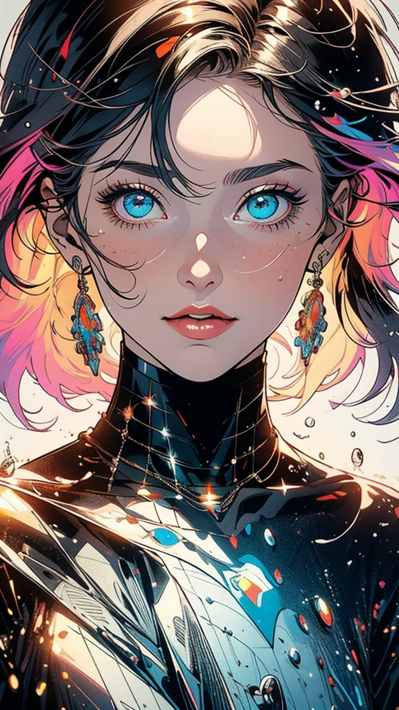 (((masterpiece, highest quality))),(((solo:1.2))),(((1girl:1.2))),32k wallpaper, very detailed,(((((portfolio))))),(((((Close-up))))),(((((bust up))))),((((more various angle)))),((((highlight)))),((((heterochromia)))),(((complete. detailed face))),((((Extremely talented)))),(Colorful color scheme),(((((Absolutely simple background))))),(((Texture for people : grunge))),marvel super hero's,retrowave,vaporwave,60s,70s,80s