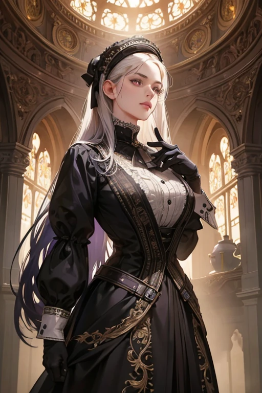 a determined victorian era woman in her late 20's, merchant, straight white medium-length hair, striking purple eyes, monocle, long black gloves, detailed realistic portrait, photorealistic, hyperrealistic, 8k, detailed clothing, beautiful detailed eyes, beautiful detailed lips, extremely detailed face, intricate ornate details, cinematic lighting, dramatic shadows, warm color tones, natural lighting, highly detailed, masterpiece, artstation, sharp focus, hyper detailed, full body
