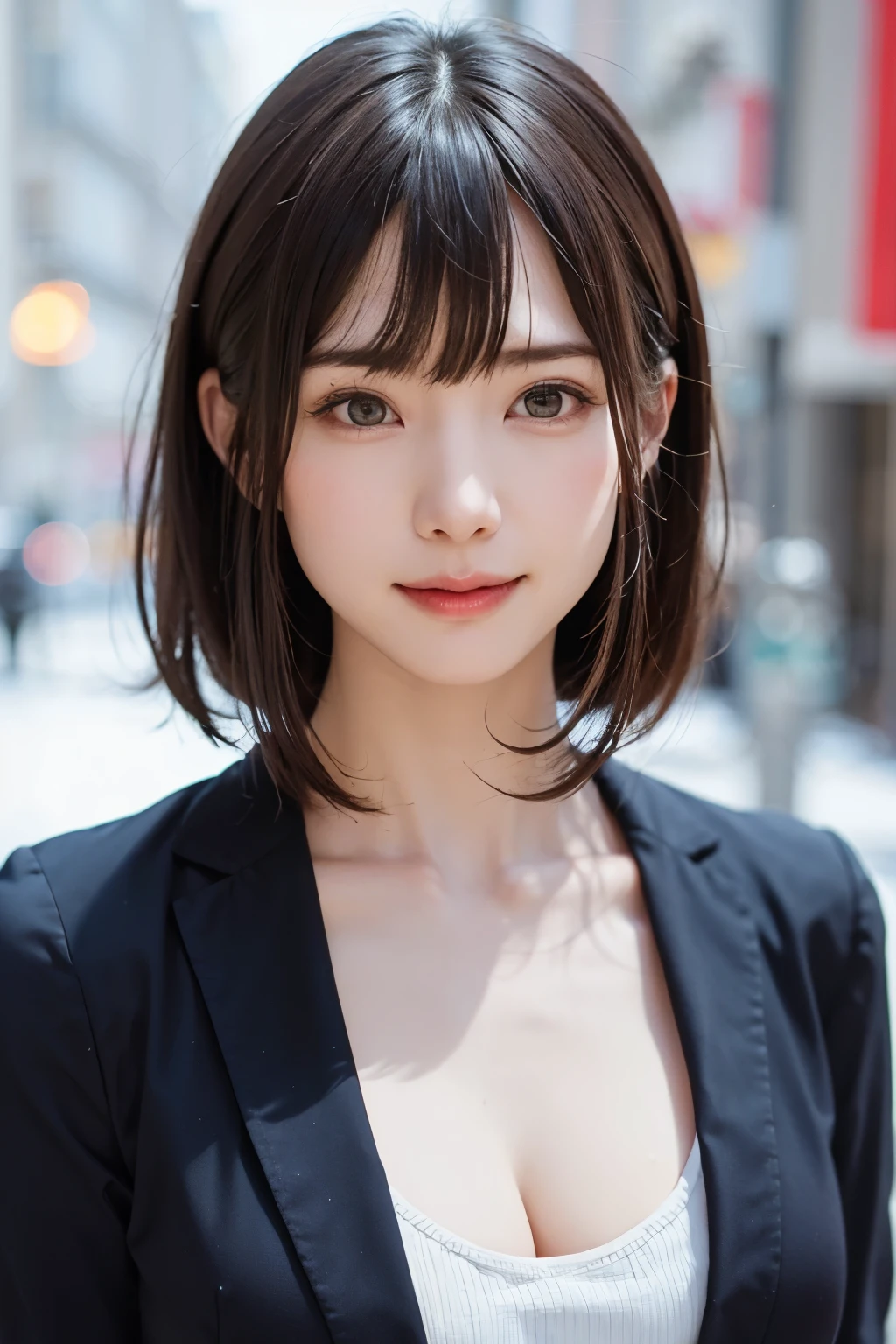 (masterpiece, Highest quality),One Girl, alone, hyper Realistic, Realistic,Realistic, Looking at the audience, Light brown eyes:1.4,Brunette Short Bob Hair with highly detailed shiny hair, Brightly colored winter clothes, Lepangas:1.4), Plein Air, Mouth closed, Upper Body、big chest eye、eyelash、{Hugeな|big chest|Hugeなな|Mega} chest:2, chestの谷間:2、{Huge|big|Hugeな|Mega} chest:2, chestの谷間:2、(((big chest eye、Short Bob Hair、Glossy Skin、Shiny hair、Student Highlights、Gazing at the audience、She is very beautiful and cute、Listen carefully、Long neck、smile、Close your mouth and smile、bangsと美しい歯、bangs、Perfect Anatomy)))、Ideal body type、（Snowy tree-lined road in winter in Norway, Out of focus background）、美しいLong neck:1.4、Very attractive, beautiful and cute woman