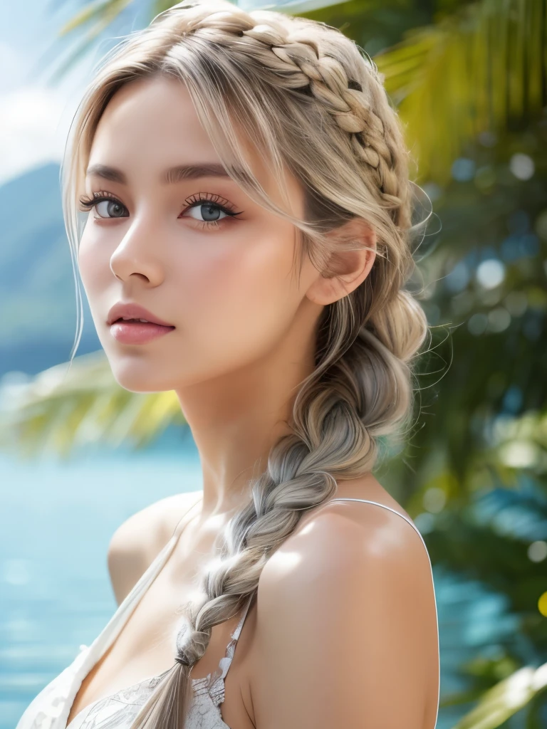 Highest quality,Ultra high definition, masterpiece,Gray Hair, Golden Eyes,Summer resort attire, look up, Upper Body,hair,Fair skin,Soft skin texture,Side braid, Characteristic hairstyle,