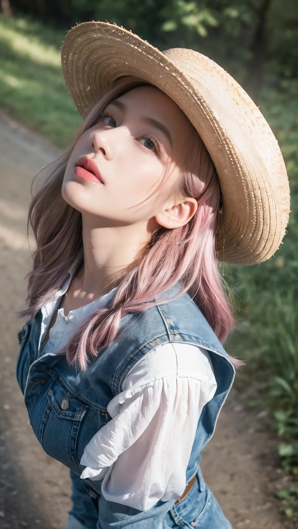 (((Masterpiece))), (((Best Quality: 1.4))), ((Super Detail: 1.4)), Original Photo, 21yo girl, with pink hair, freckles, and blue eyes, dressed in authentic cowboy attire. Her outfit includes a stylish cowboy hat, fringed vest, denim vest and boots, western landscape or weathered rural buildings in the background, slightly tousled hair that frames her face. natural big breast, plumpy, (looking up:1.5). The lighting is soft and natural, with gentle shadows highlighting her facial features and the texture of her hair. The overall atmosphere should be serene and slightly nostalgic, (very detail:1.1),(from above:1.5)