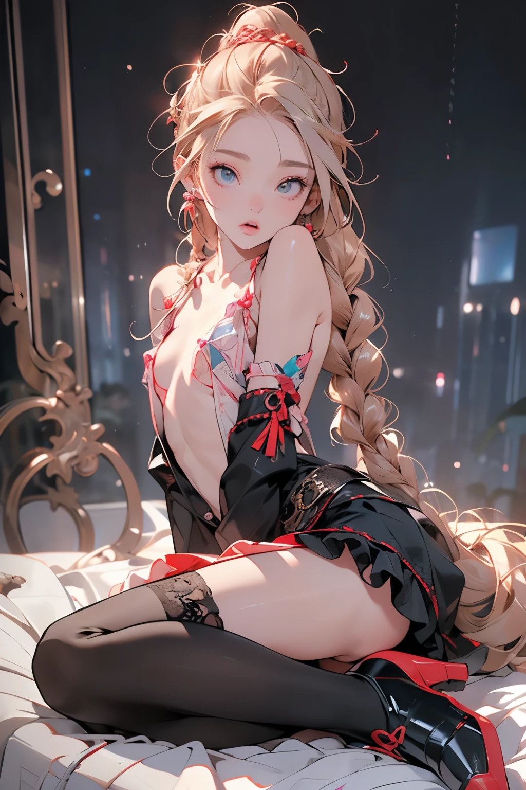 ((best quality)), ((masterpiece)), (detailed), 1girl, (big forhead:1.2),extremely detailed cute anime face, (((flat chest))), (flat chest:1.1),((((long twin braids,tight braids,long braid,braided hair,long hair)))),intricate eyes,beautiful detailed eyes,symmetrical eyes,(((detailed face))),beautiful detailed lips, dynamic pose, looking at this, resolved, resolute, highres,(best quality),(ultra detailed,extremely detailed),perfect face details, ((masterpiece:1.4, best quality))+, (ultra detailed)+, long twintails, cute girl, (flat chest:1.1), small breasts, slim body, skinny, prominent collarbones, skinny arms, flat stomach, visible hip bones, long hair, red hair, white hair, blonde hair, dark hair, ponytail, thick ponytail, heavy ponytail, small breasts, perfect face, small breasts (flat chest:1.1),  Detailed body，Full limbs, (flat chest:1.1), (Armor shaped like a skeleton:1.3),  terrifying, nightmarish, cosmic horror, a heavenly female knight, red and white clothing, occult aesthetic, occult, detailed and intricate steampunk and detailed gothic, Fluttering lace flared long knee length dress with frilly petticoats, knee length dress, pleated petticoats, petticoats gothic, complex lace boots, gothic aesthetic, wielding a mighty sword with mechanical components, mandalas, full body, whole body, body, chains,
