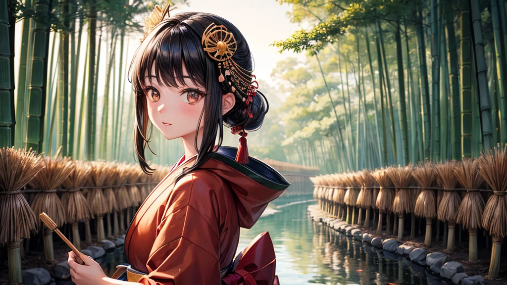 One girl, Black Hair, Brown eyes, Wearing a beautiful Japanese kimono, hair ornaments, Bamboo grove, View your viewers, night, star (null), Ruffle sleeves, null, night, High resolution, Super sharp, 8k, masterpiece