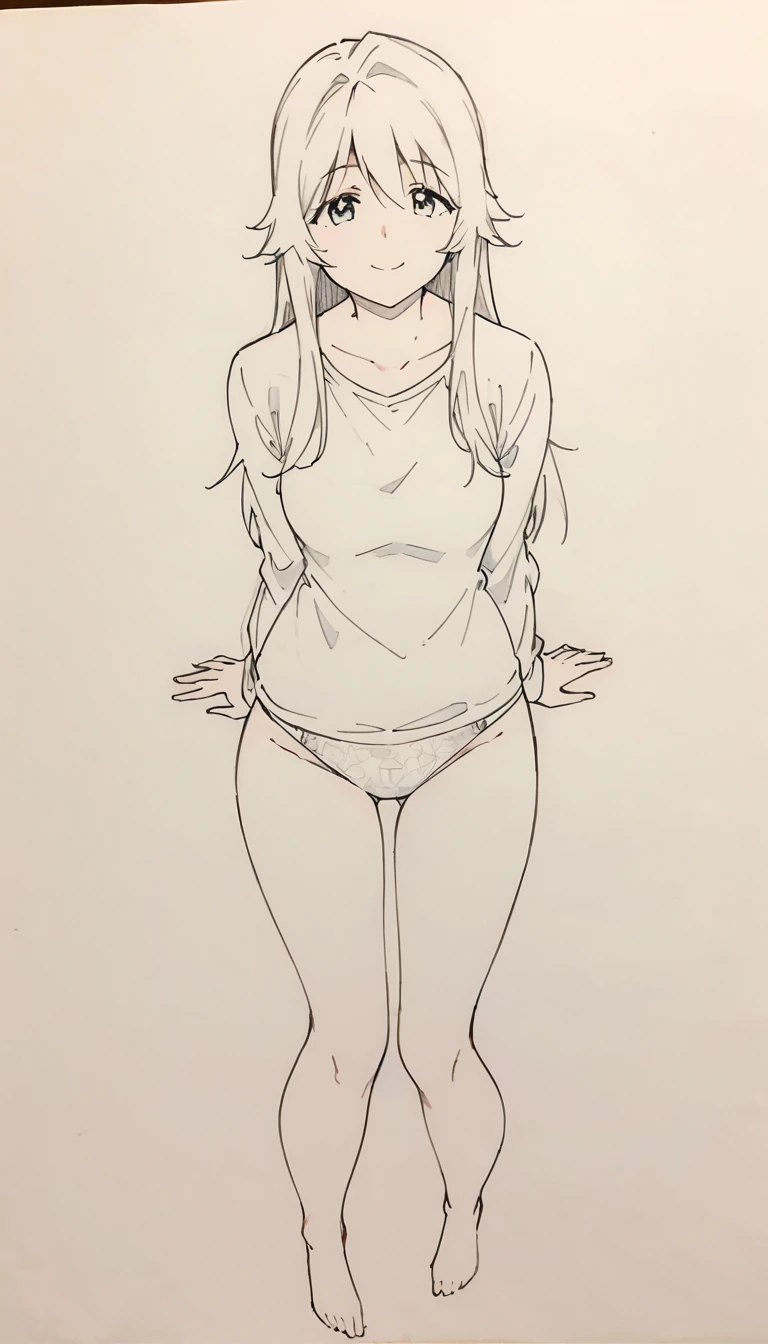 1 ,Line drawing,monochrome,(sketch:1.5、pattern、pencil drawing:1.5、board:1.5),board,traditional media, whole body,look up,Cold Background ,(Wearing underwear) ,Smile,Long hair,Clothing Model